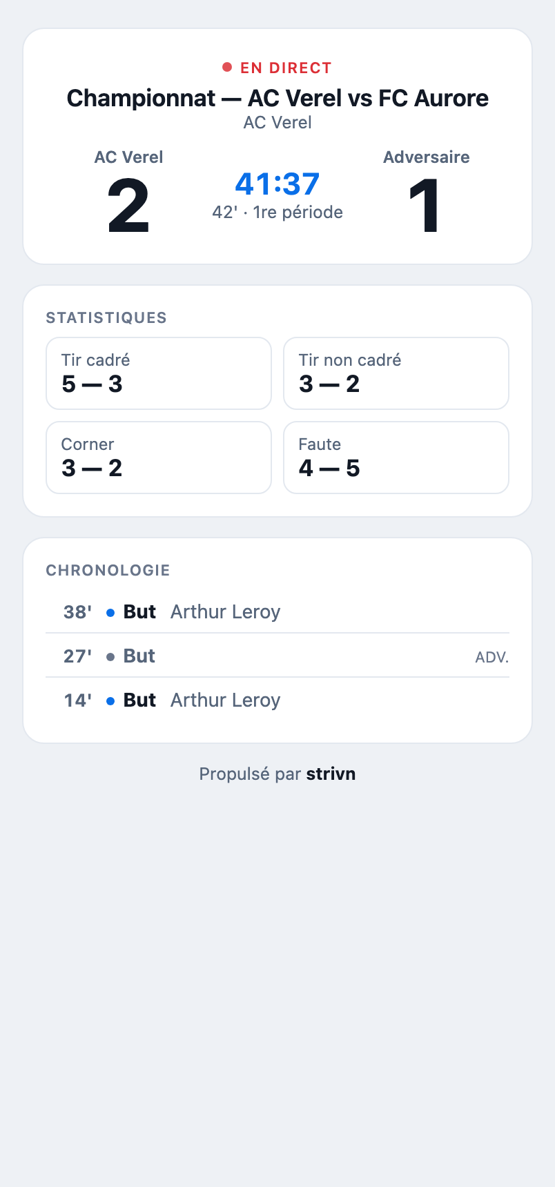Viewer de match public STRIVN sur téléphone : score et événements du match en direct, sans compte