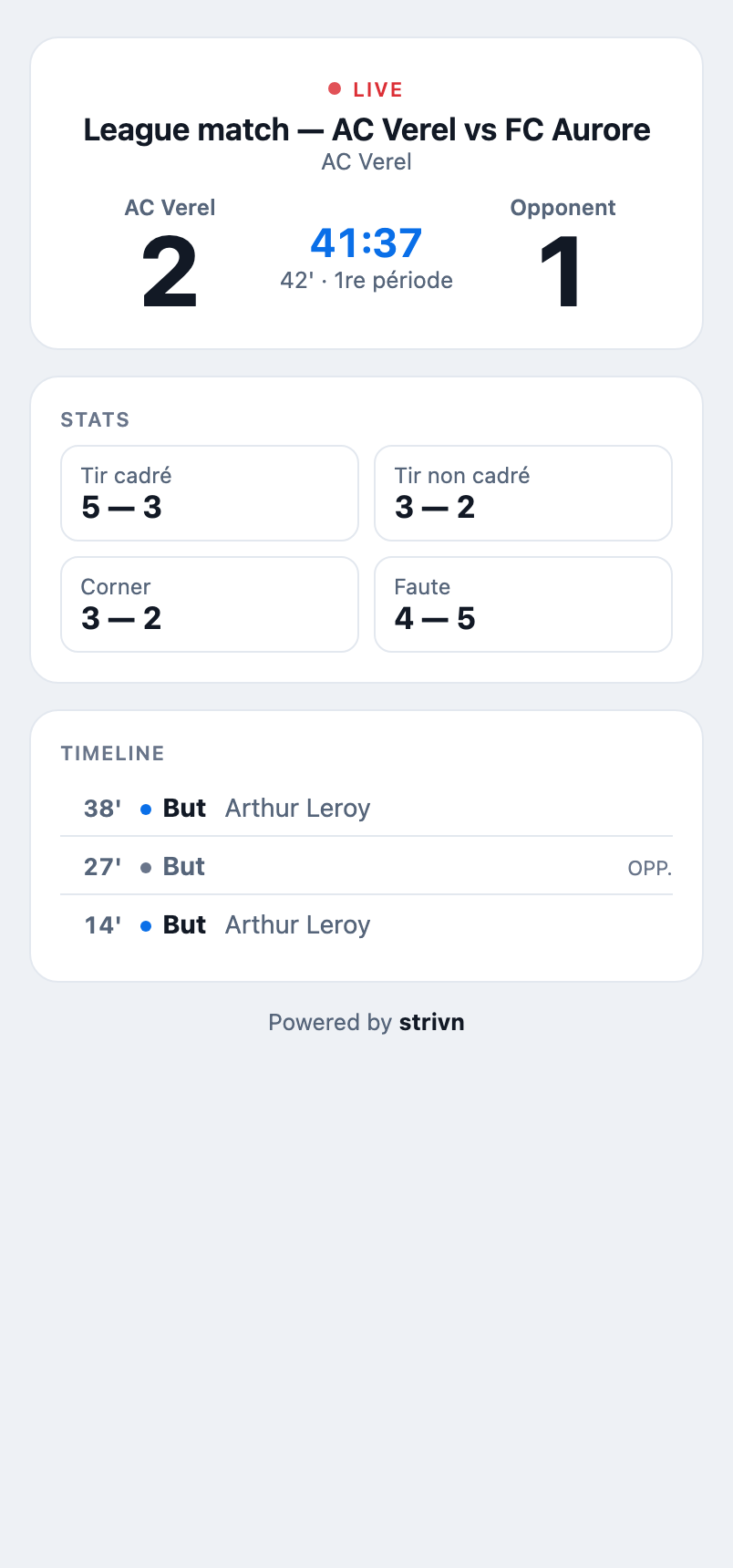 STRIVN public match viewer on a phone: live score and match events, no account