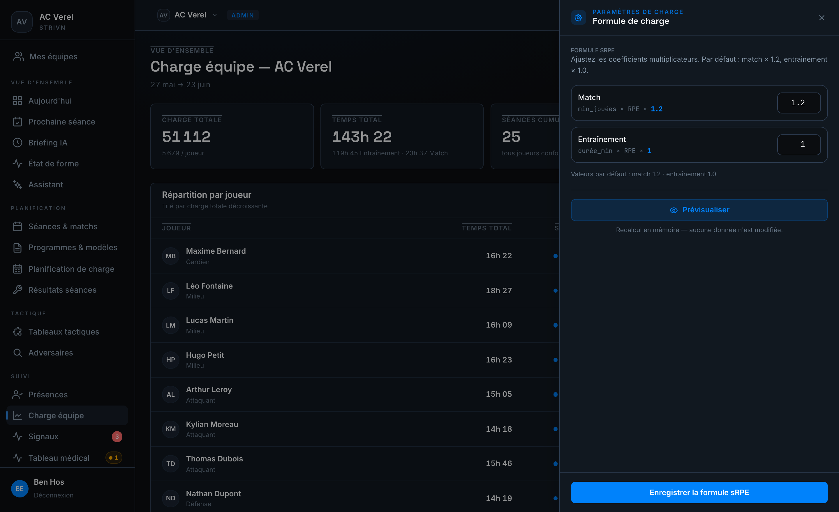 Configuration de la formule de charge sRPE dans STRIVN