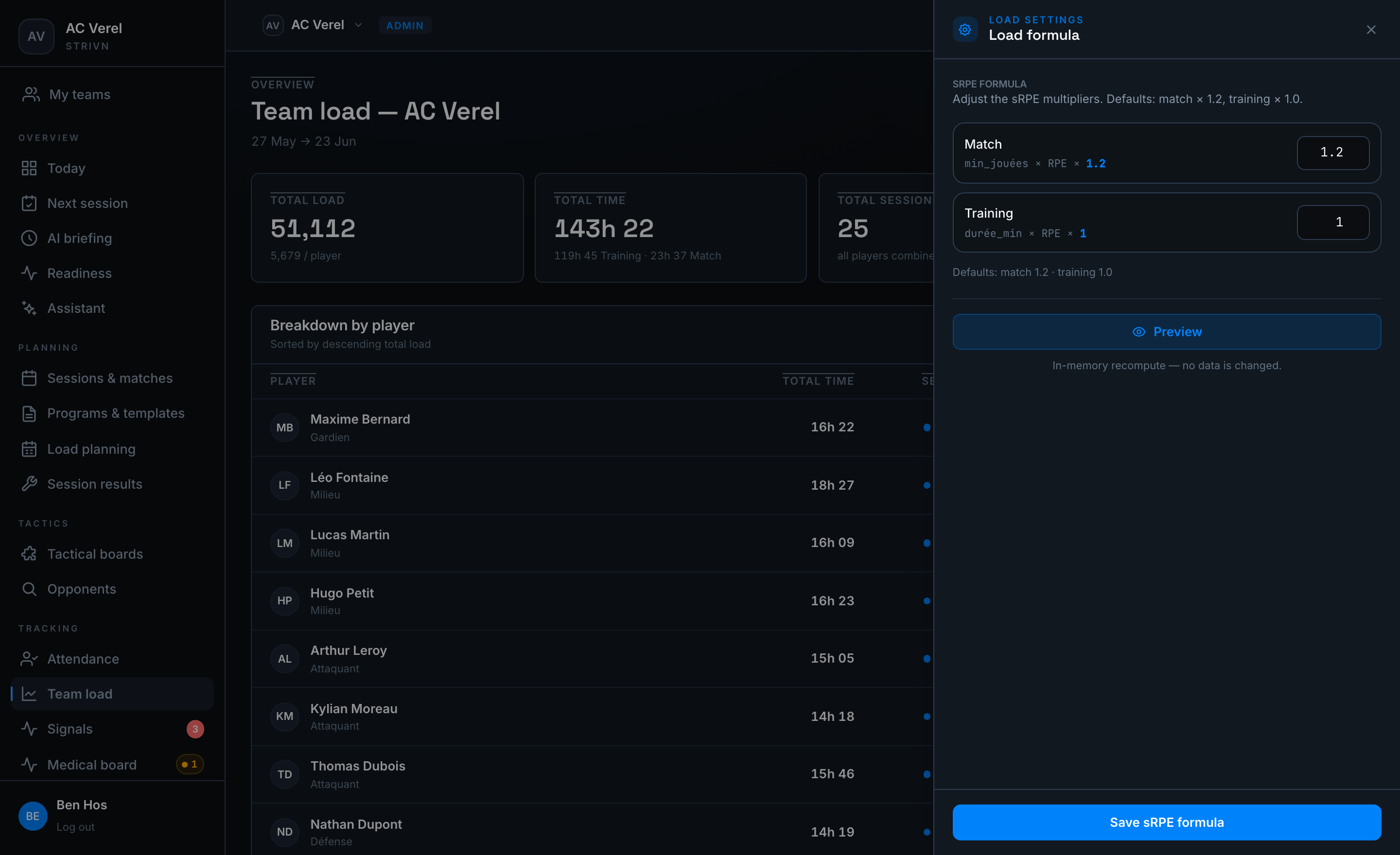Configuring the sRPE load formula in STRIVN