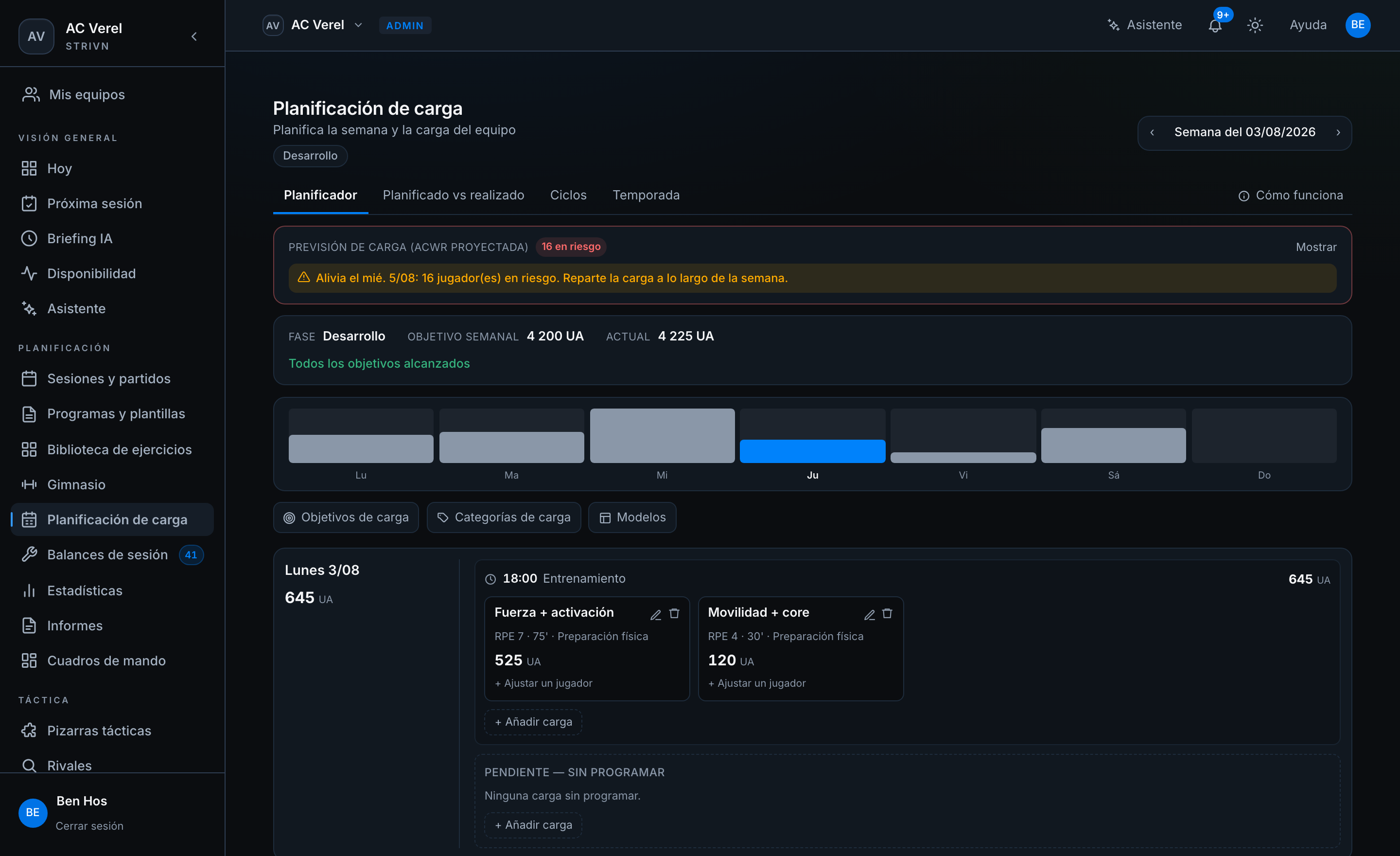 Planificación de carga en STRIVN: ACWR previsto, objetivo semanal en UA y carga por día