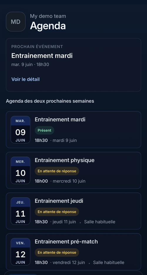 Capture d'écran de l'app STRIVN : agenda du joueur avec prochain événement et liste des sessions à venir