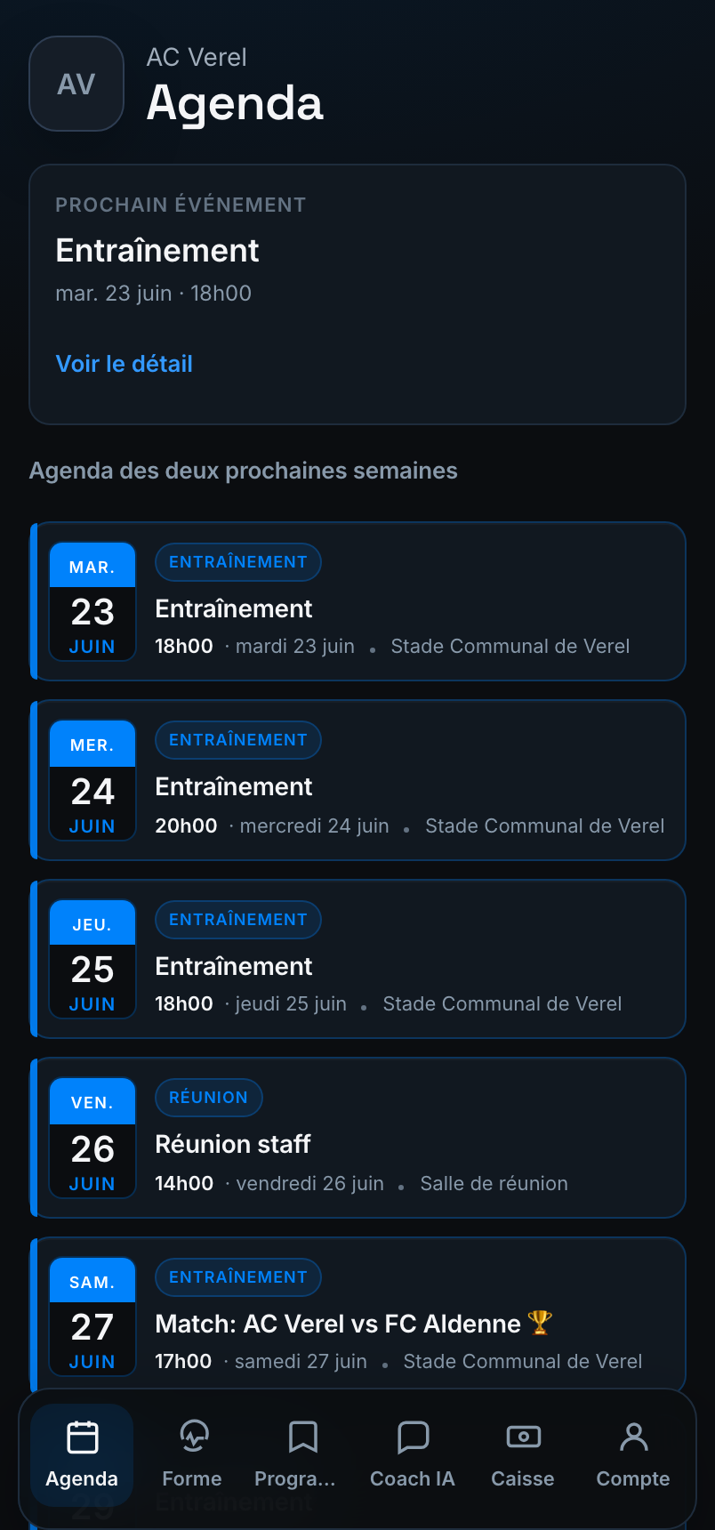Agenda joueur STRIVN : séances, matchs et réunions des deux prochaines semaines