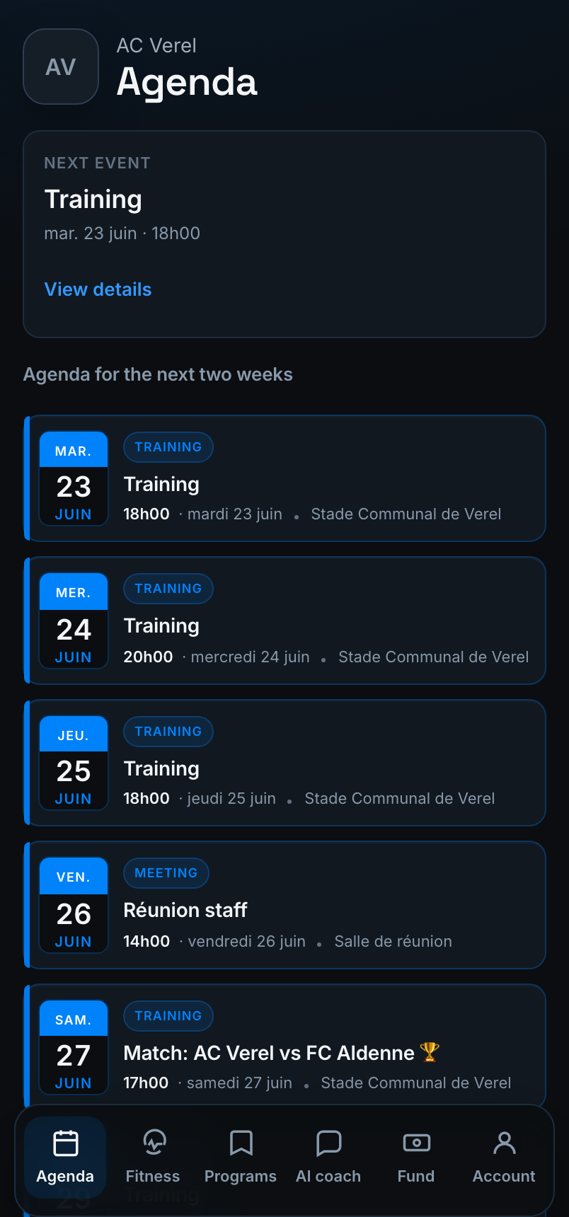 The player agenda on mobile: upcoming events with call-up reply buttons.