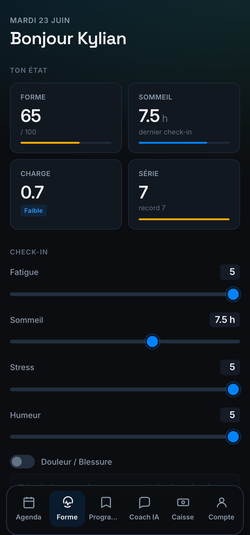 Check-in wellness côté joueur : curseurs fatigue, sommeil, stress et humeur