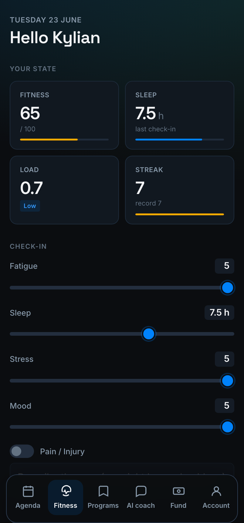 The player wellness check-in on mobile: sleep, fatigue, mood and soreness sliders.