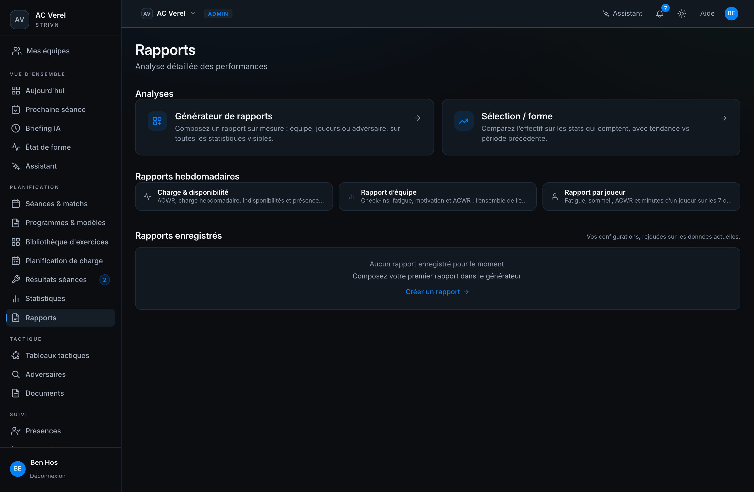 Le module rapports : les rapports d’équipe existants et le bouton pour en créer un nouveau.