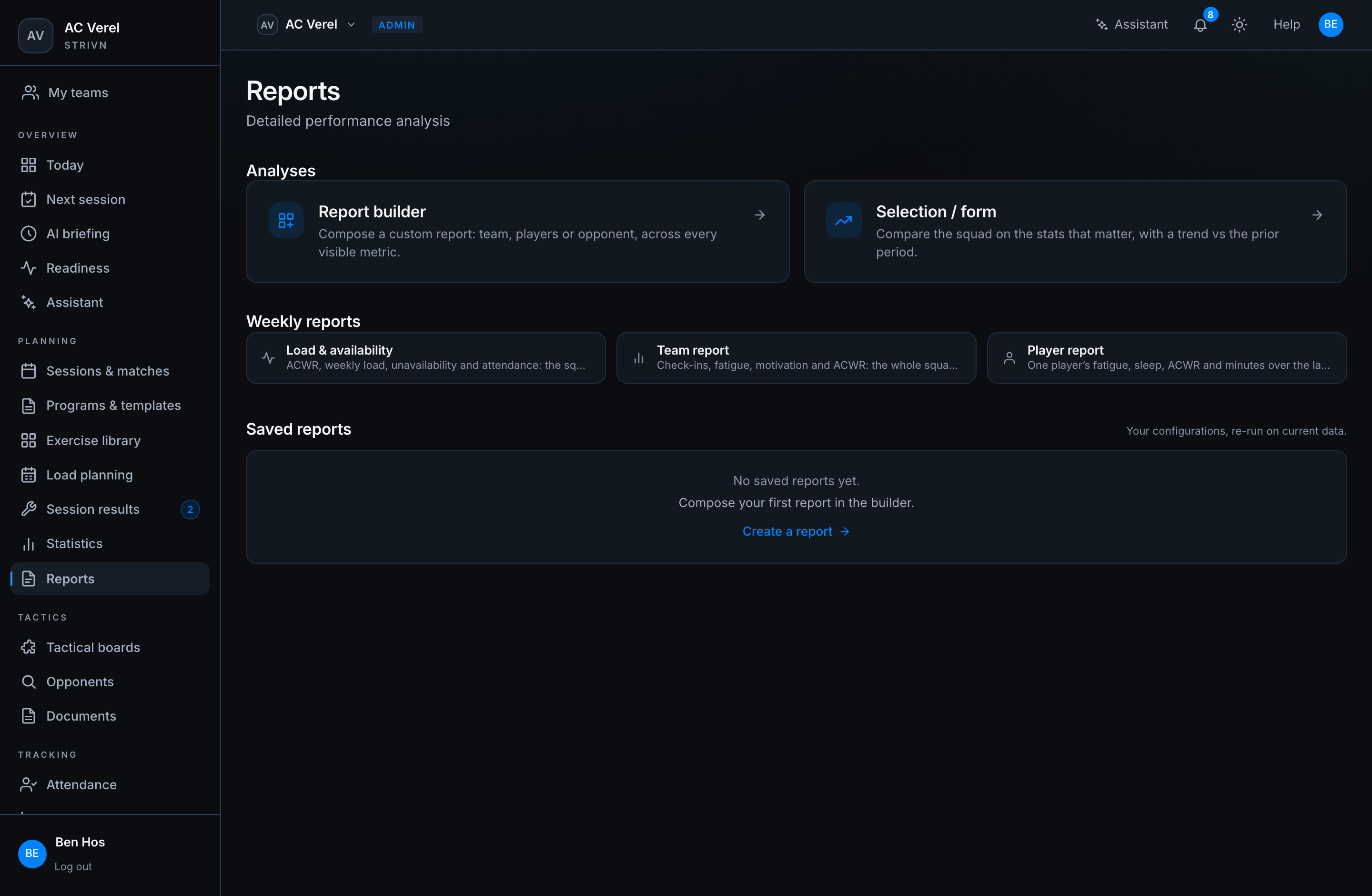 The reports module: the team’s existing reports and the button to create a new one.