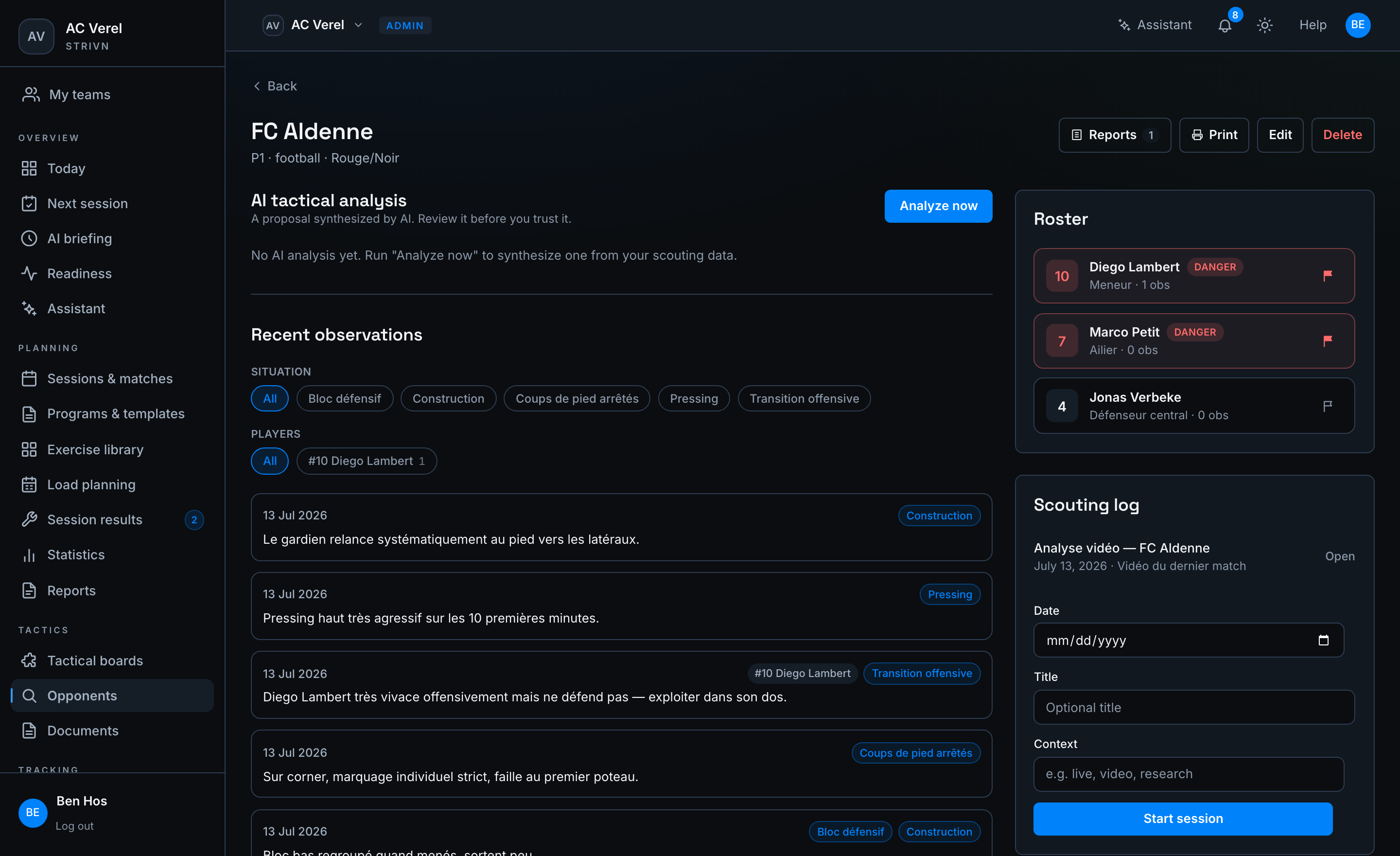The scouting module: tracked opponents with their squads and reports.