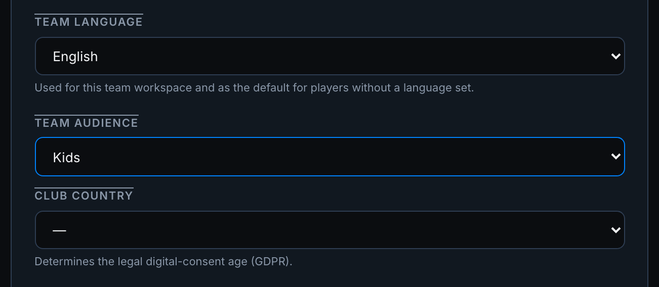 STRIVN team youth-mode setting: age category and features hidden from players